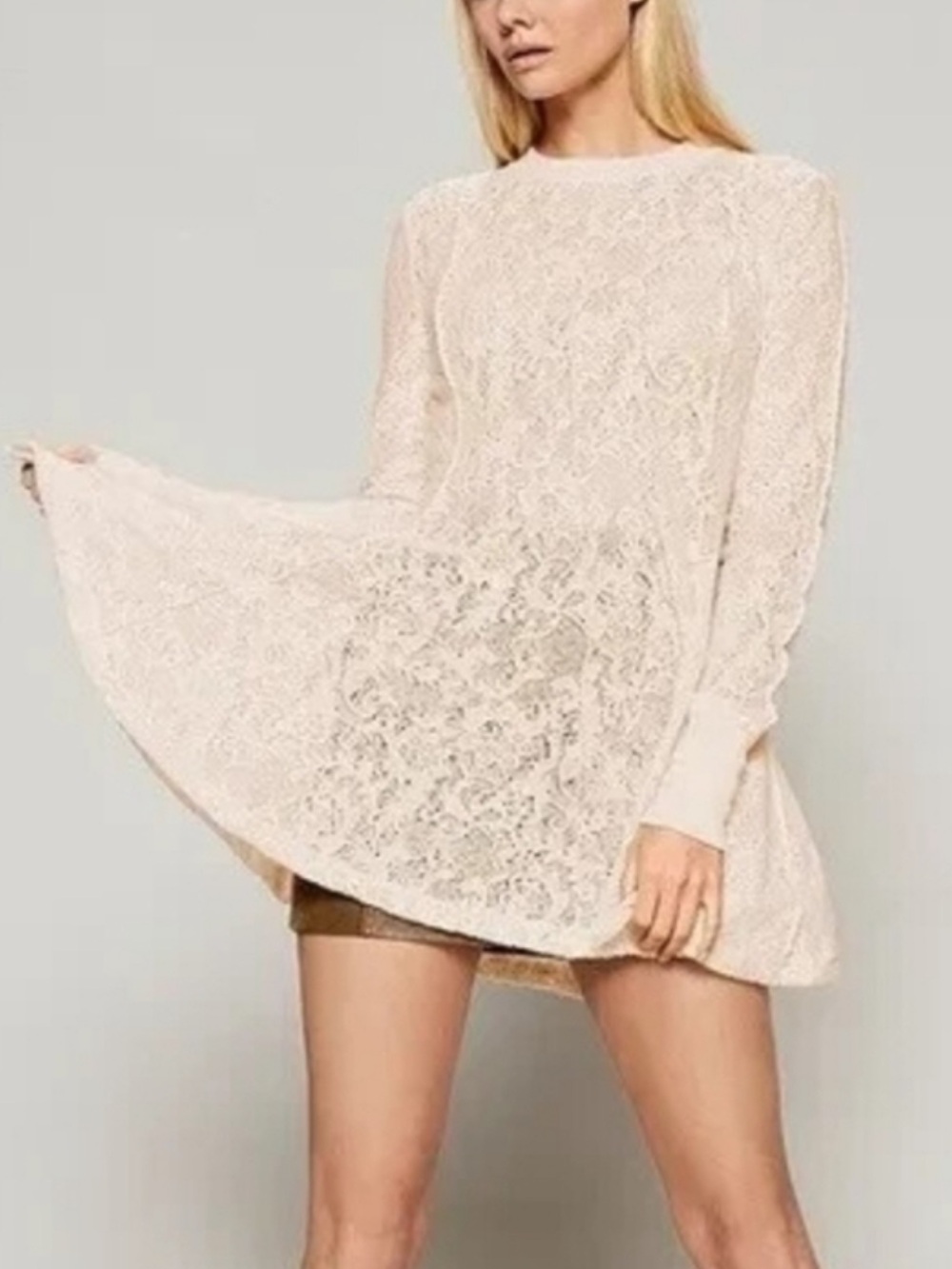 FREE PEOPLE Coffee In The Morning Lace Knit Tunic Chamoix XS layering boho